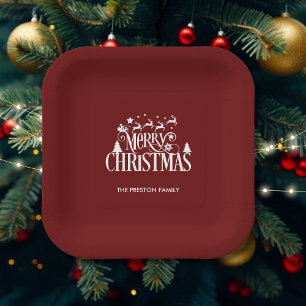 Deep Red Merry Christmas Paper Plate
