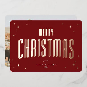 Deep Red Merry Christmas Retro Stars Photo Foil Holiday Card