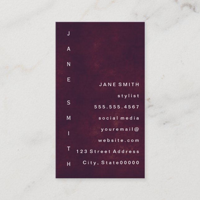 Deep Red Modern Grunge with Vertical Text Business Card (Front)