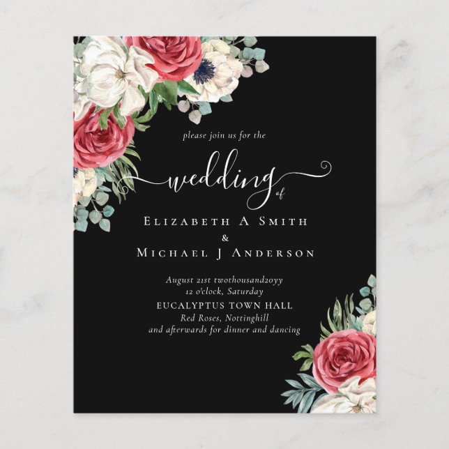Deep Red Navy Floral Eucalyptus Greenery Wedding Flyer (Front)