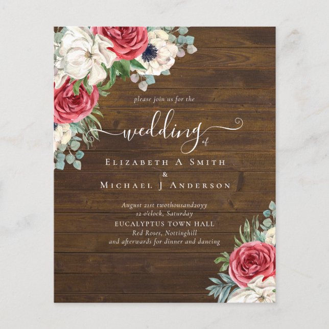Deep Red Navy Floral Eucalyptus Greenery Wedding Flyer (Front)