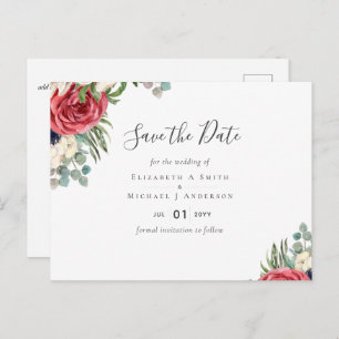 Deep Red Navy Floral Eucalyptus Greenery Wedding Postcard