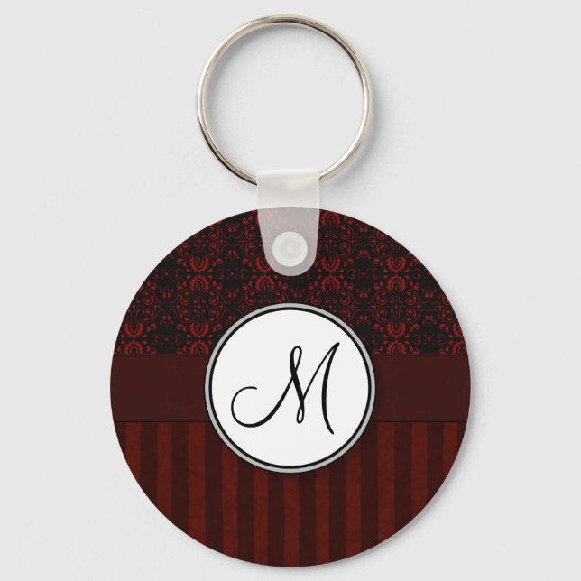 Deep Red on Black Damask and Stripes with Monogram Key Ring (Front)
