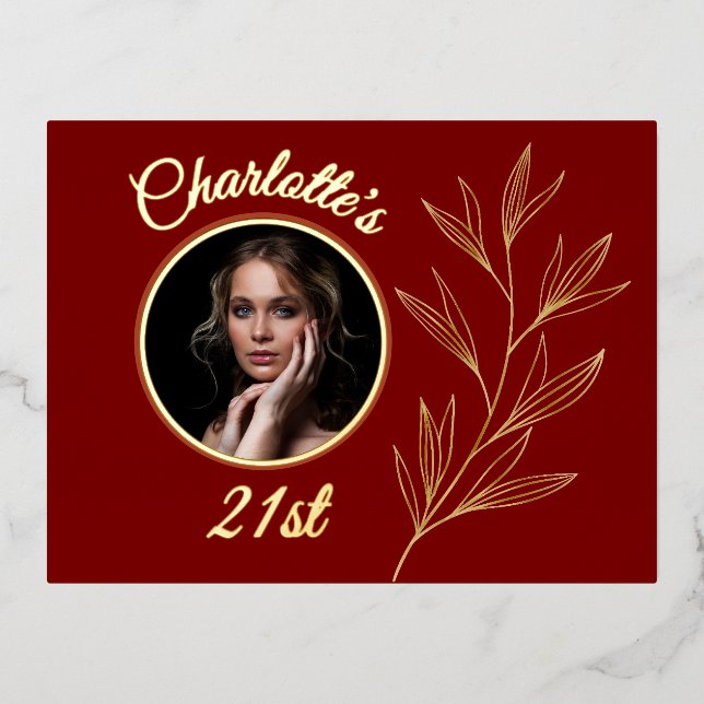 Deep Red Pale Yellow & Graphic Gold Leaf Birthday Foil Invitation Postcard (Front)