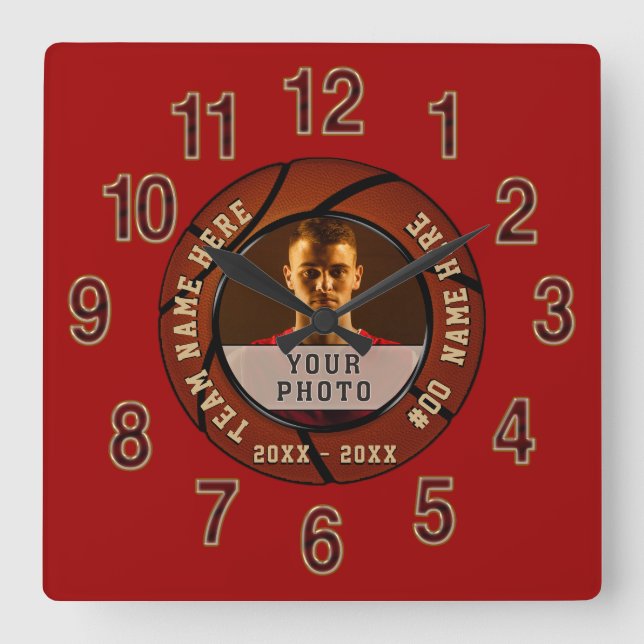 Deep Red Photo and Personalised Basketball Clock (Front)
