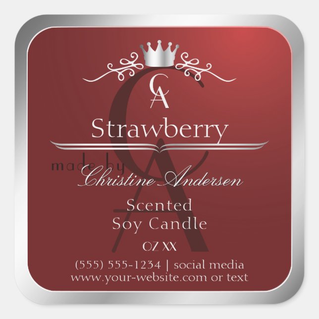 Deep Red Product Label with Silver Frame Monogram (Front)