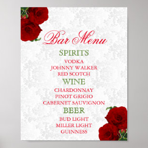 Deep Red Rose Floral Wedding - Bar Menu Poster