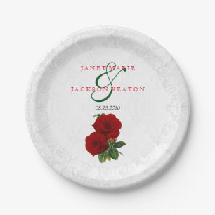 Deep Red Rose Floral Wedding Paper Plate