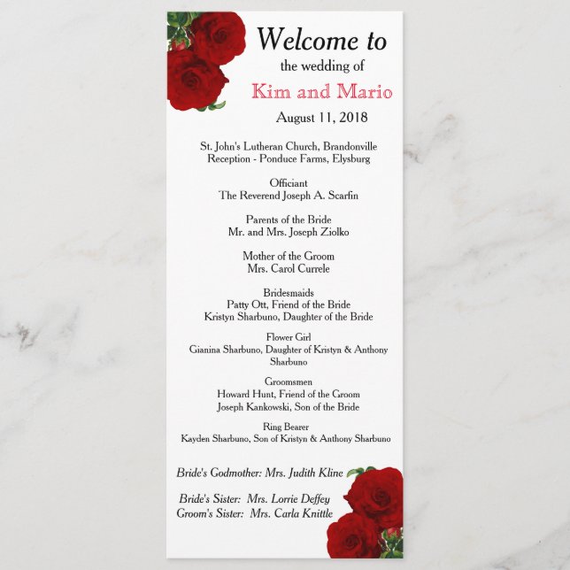 Deep Red Rose Floral Wedding Program (Front)