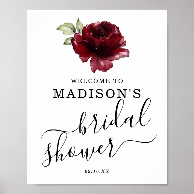 Deep Red Rose Floral Welcome Bridal Shower Sign (Front)