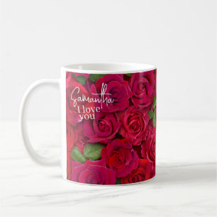 Deep Red Rose Pattern I Love You With Custom Name Coffee Mug