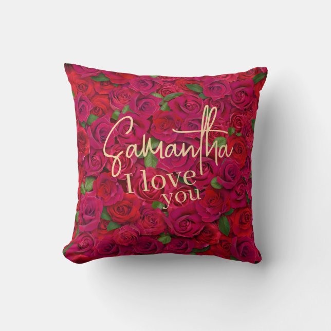 Deep Red Rose Pattern I Love You With Custom Name Cushion (Front)