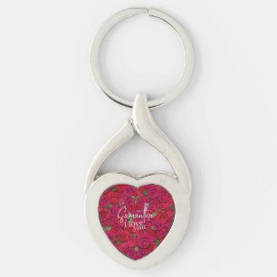 Deep Red Rose Pattern I Love You With Custom Name Key Ring