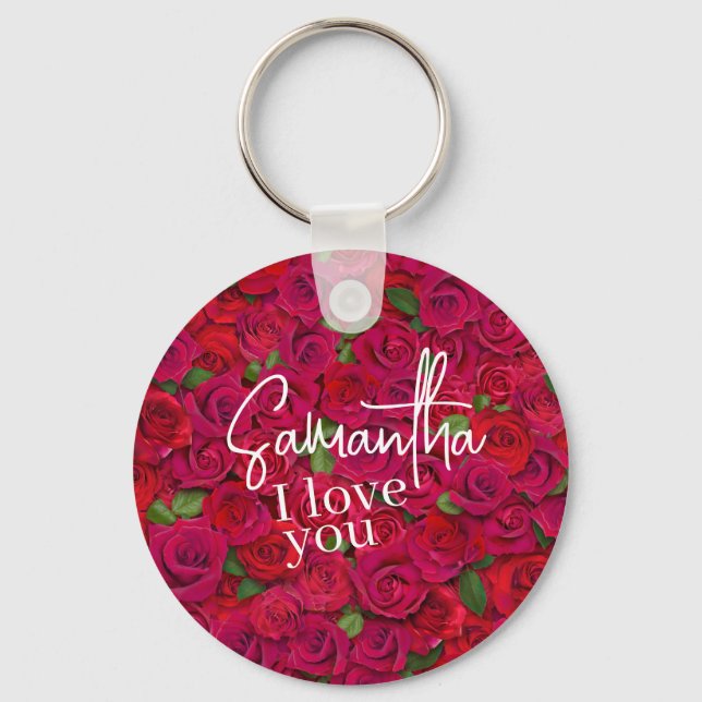 Deep Red Rose Pattern I Love You With Custom Name Key Ring (Front)