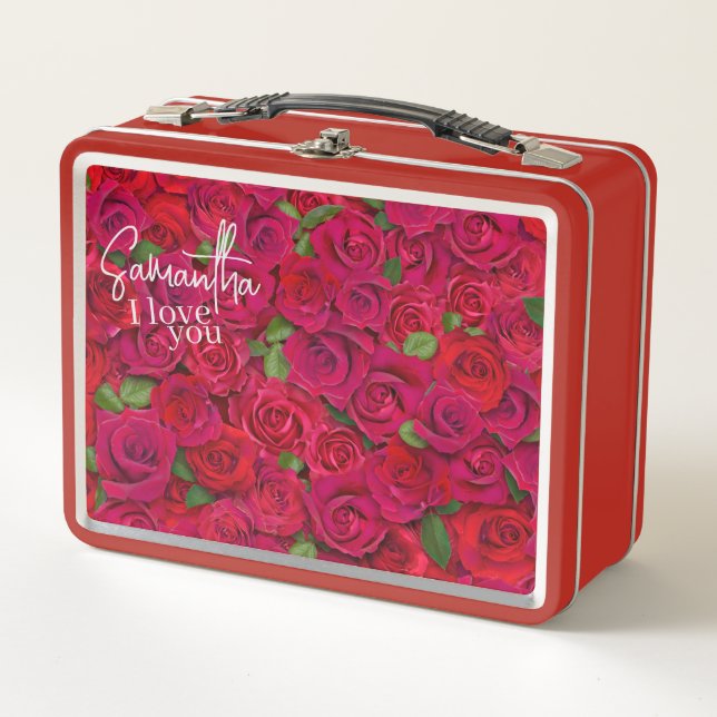 Deep Red Rose Pattern I Love You With Custom Name Metal Lunch Box (Front)