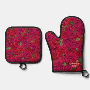 Deep Red Rose Pattern I Love You With Custom Name Oven Mitt & Pot Holder Set