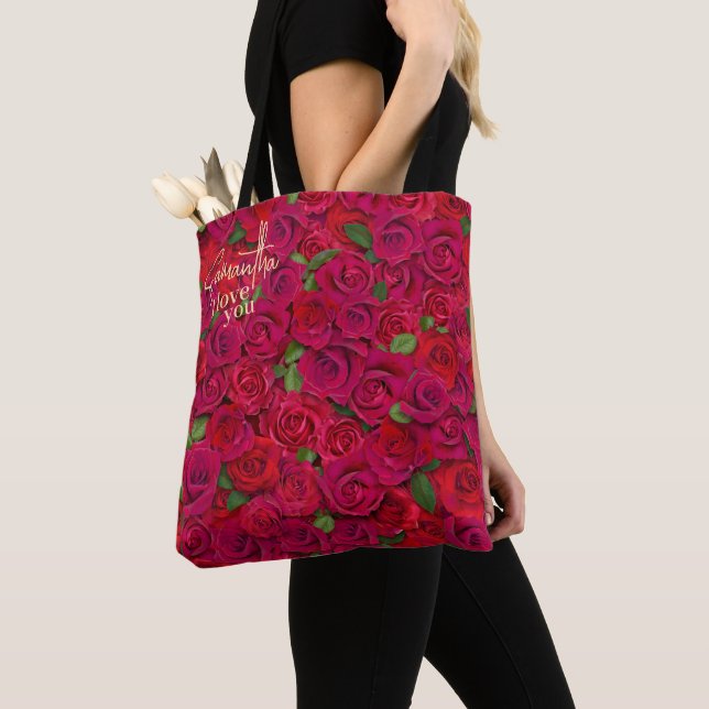 Deep Red Rose Pattern I Love You With Custom Name Tote Bag (Close Up)