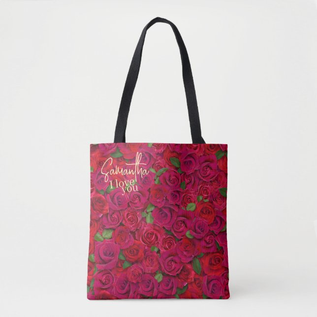 Deep Red Rose Pattern I Love You With Custom Name Tote Bag (Front)