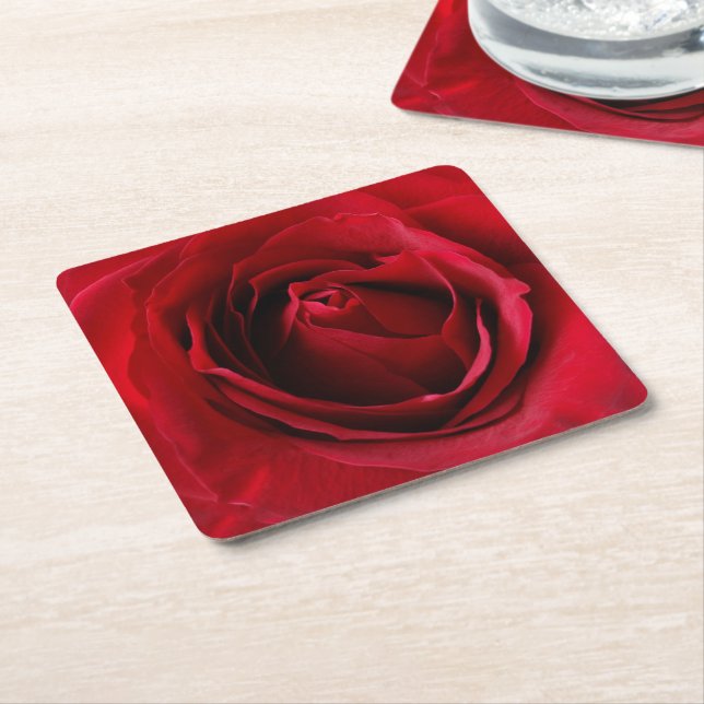 deep red rose square paper coaster (Angled)