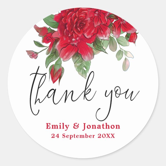 Deep Red Roses Elegant Script Thank You Names Classic Round Sticker (Front)
