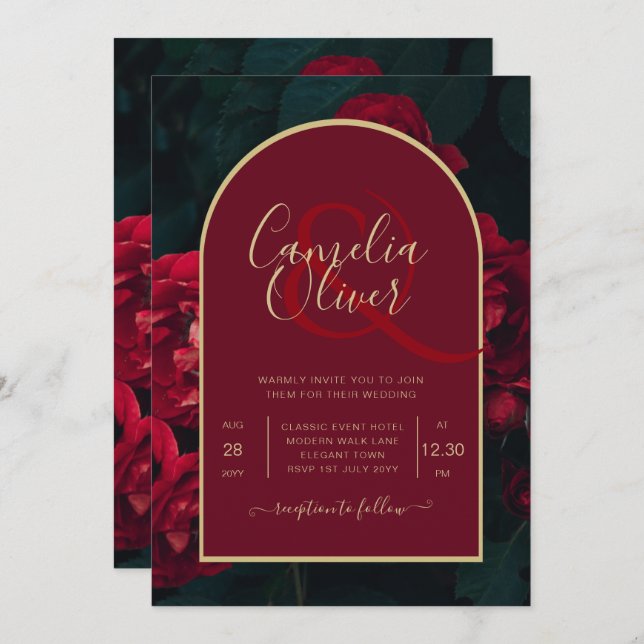 Deep Red Roses Forest Green Winter Wedding Invitation (Front/Back)