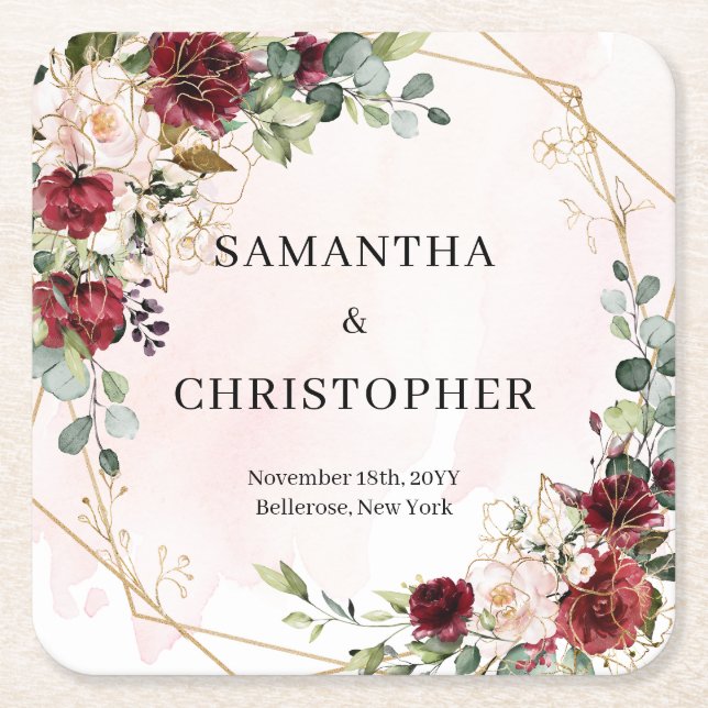 Deep Red roses fresh greenery gold wedding Square Paper Coaster (Front)
