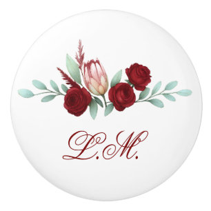 Deep Red Roses & Protea Floral Script Monogram Ceramic Knob