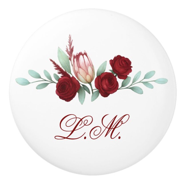 Deep Red Roses & Protea Floral Script Monogram Ceramic Knob (Front)