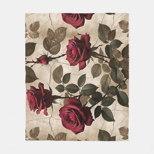 Deep Red Roses With Dark Green Leaves Fleece Blanket (Front)