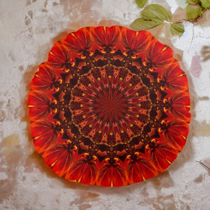 Deep Red Rudbeckia Floral Mandala Round Cushion