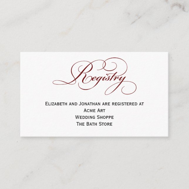 Deep Red Script Wedding Registry Information Card (Front)