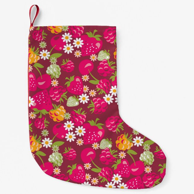 Deep red seamless fabric sample of berries small christmas stocking (Front)
