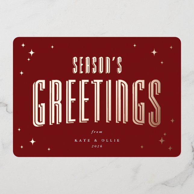 Deep Red Season's Greetings Retro Stars Flat Foil Holiday Card (Front)