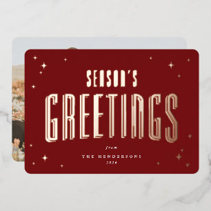 Deep Red Season's Greetings Retro Stars Photo  Foil Holiday Card