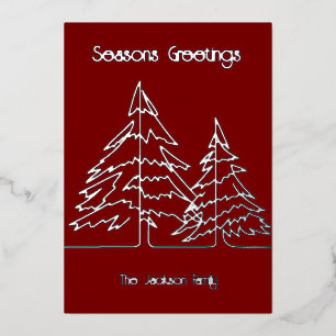Deep Red & Silver Graphic Christmas Tree Minimal   Foil Holiday Card