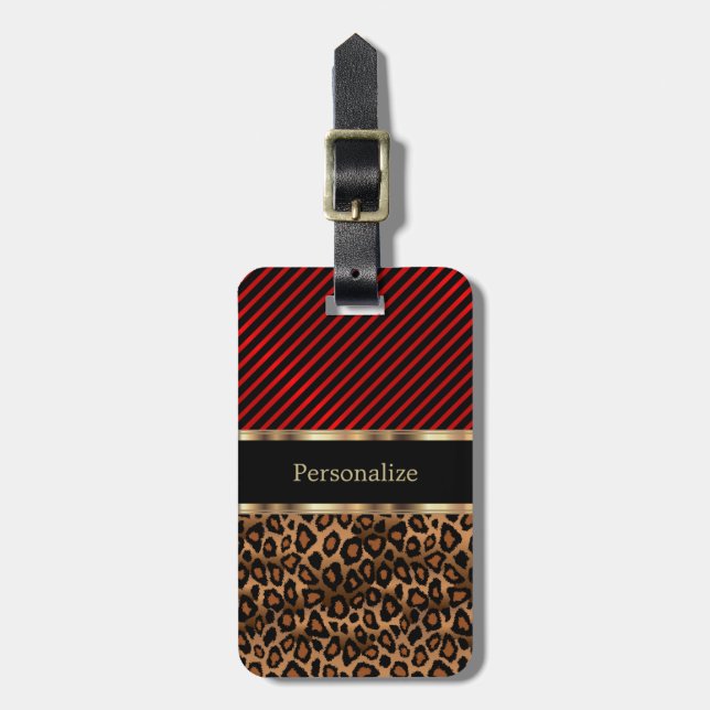 Deep Red Stripes & Leopard Animal - Monogram Luggage Tag (Front Vertical)