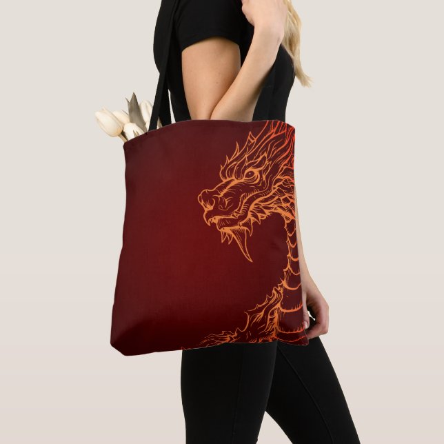 Deep Red Tote Bag with Colourful Dragon Print (Close Up)