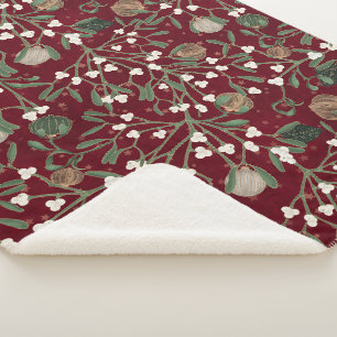 Deep Red Traditional Christmas Mistletoe & Bauble Sherpa Blanket