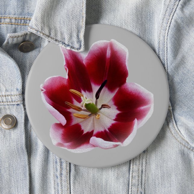 Deep red tulip 6 cm round badge (In Situ)