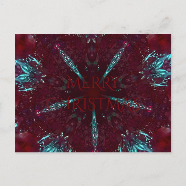Deep Red Turquoise Merry Christmas Kaleidoscope Holiday Postcard (Front)