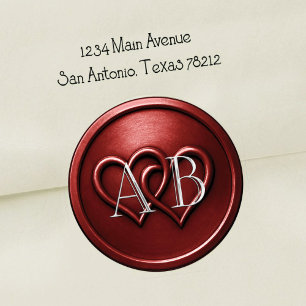 Deep Red Two Hearts Silver Monogram Wedding Classic Round Sticker