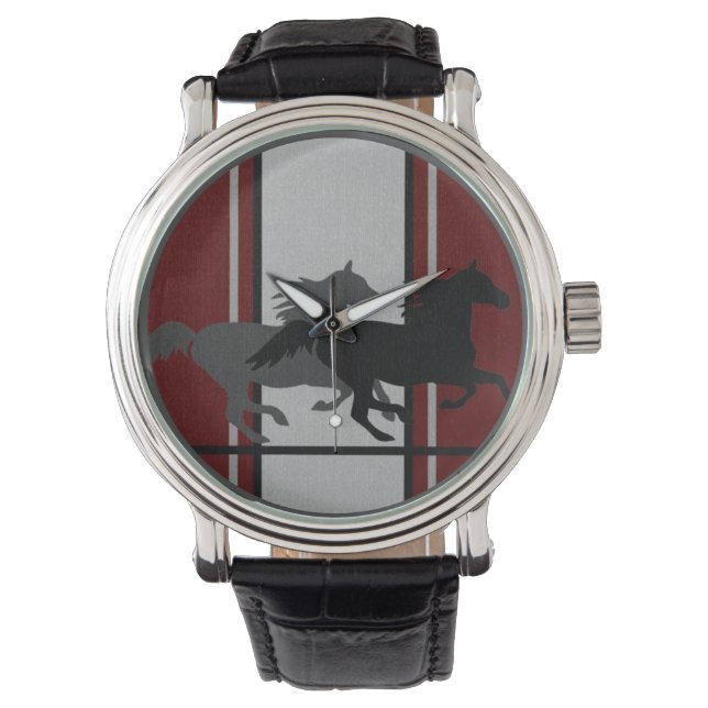 Deep Red w/Two Mustangs w/Racing Stripes on Watch (Front)