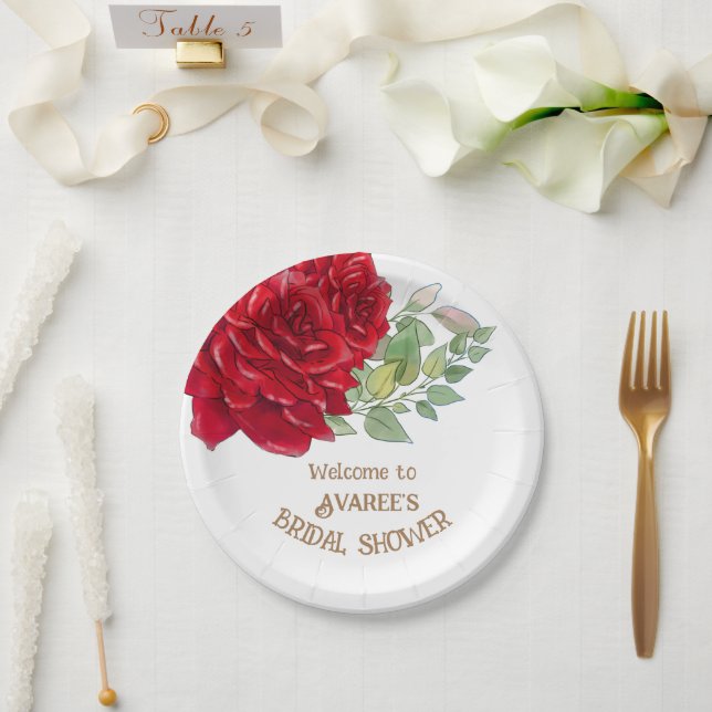 Deep Red Watercolor Roses Bridal Shower  Paper Plate (Wedding)