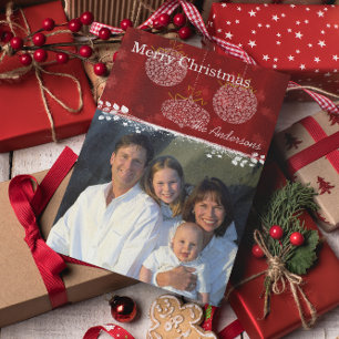 Deep Red & White Ornaments Family Christmas Photo Holiday Postcard