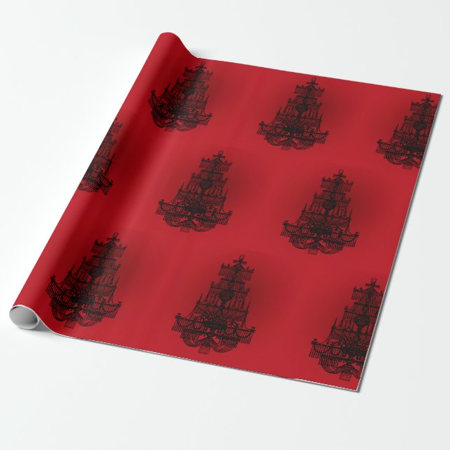 Deep Red with Black Chandeliers Wrapping Paper (Unrolled)