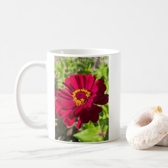 Deep Red Zinnia Flower  Coffee Mug (With Donut)
