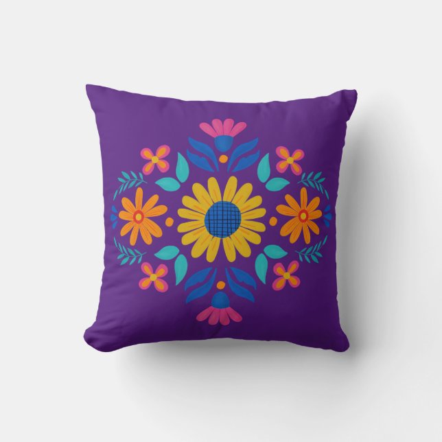 Deep Rich Purple Fiesta Floral Throw Pillow (Front)