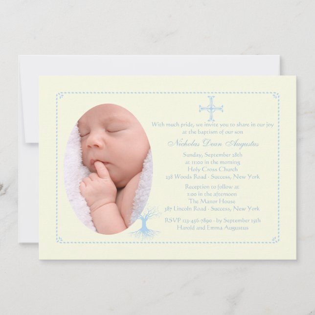 Deep Rooted Blue Baptism Photo Invitation (Front)