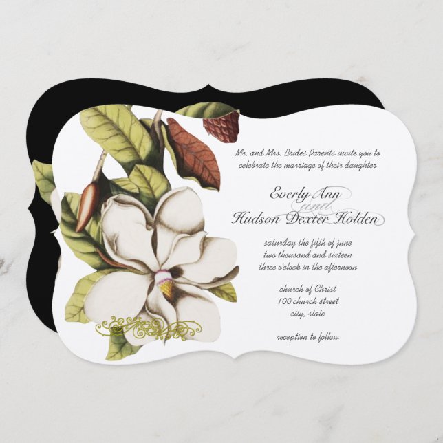 Deep Rose Magnolia Copper and Green Floral Invitation (Front/Back)