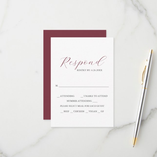 Deep Rose with Meal Choice Monogram RSVP Cards (Front/Back In Situ)